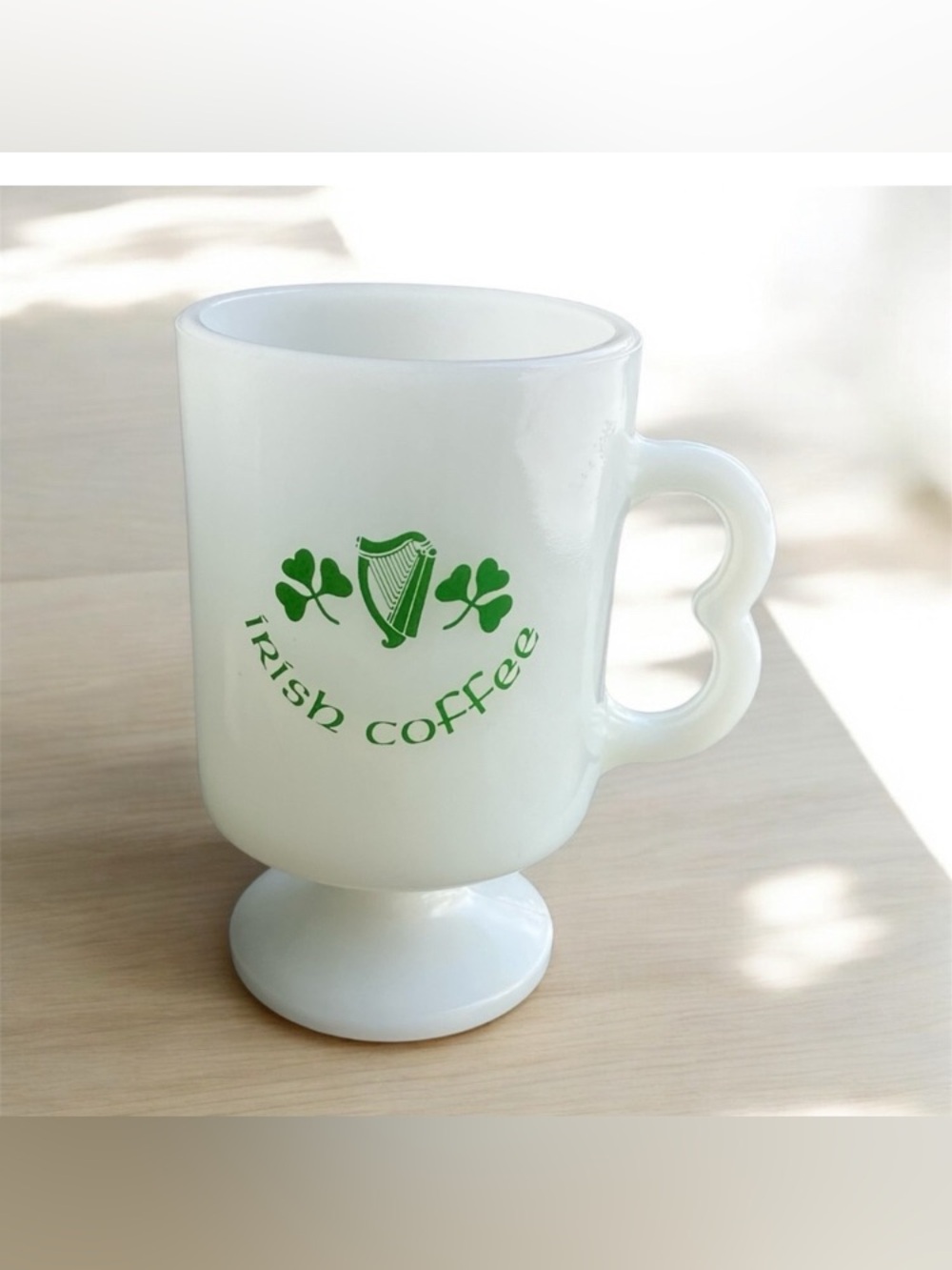 Vintage Milk Glass Irish Coffee Pedestal B Handle Mug Shamrock Harp St. Patrick